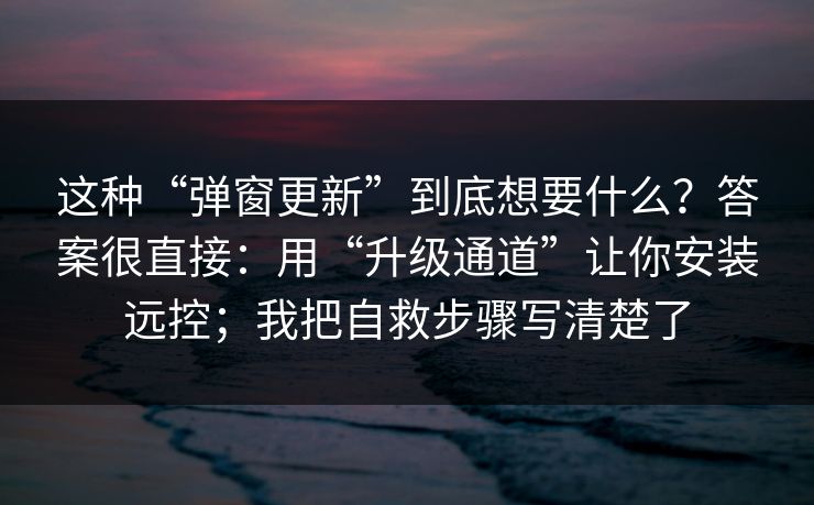 这种“弹窗更新”到底想要什么？答案很直接：用“升级通道”让你安装远控；我把自救步骤写清楚了